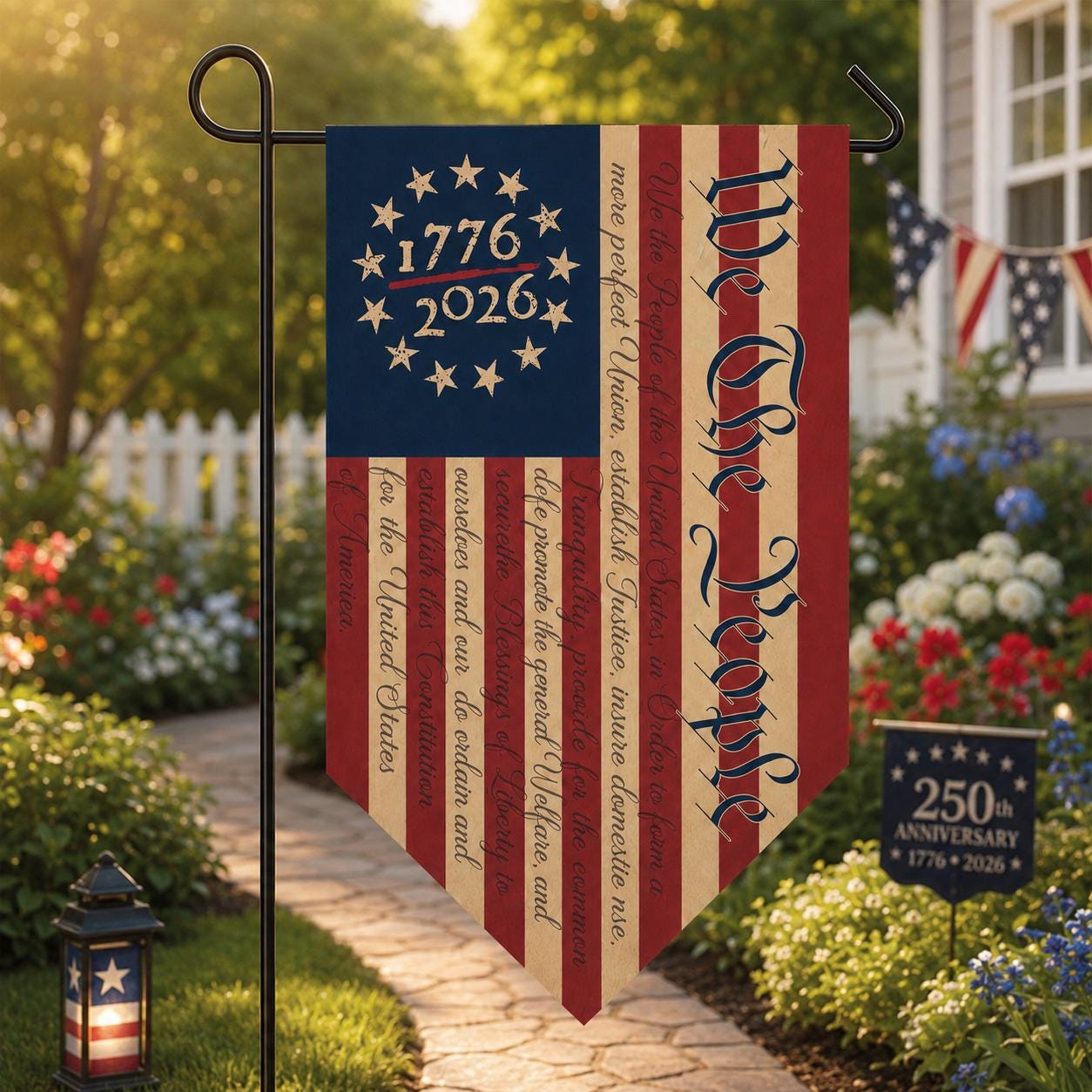 USA 250th Anniversary Triangular Flag, We The People 1776-2026 Garden Banner, Patriotic Outdoor Decor