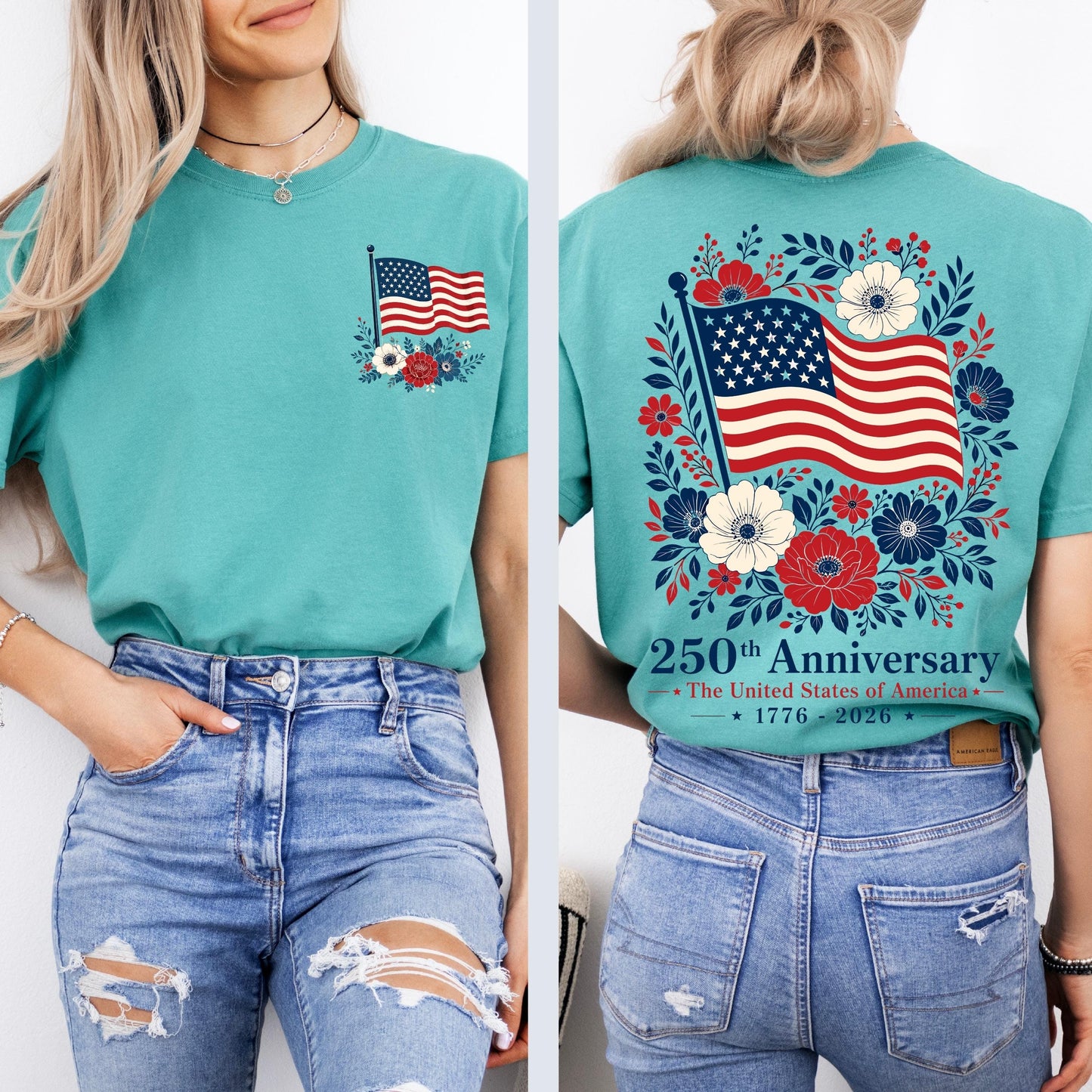 Comfort Colors® USA 250 Years Anniversary Shirt, 4th of July Back Graphic Tee, Boho Floral America T-Shirt