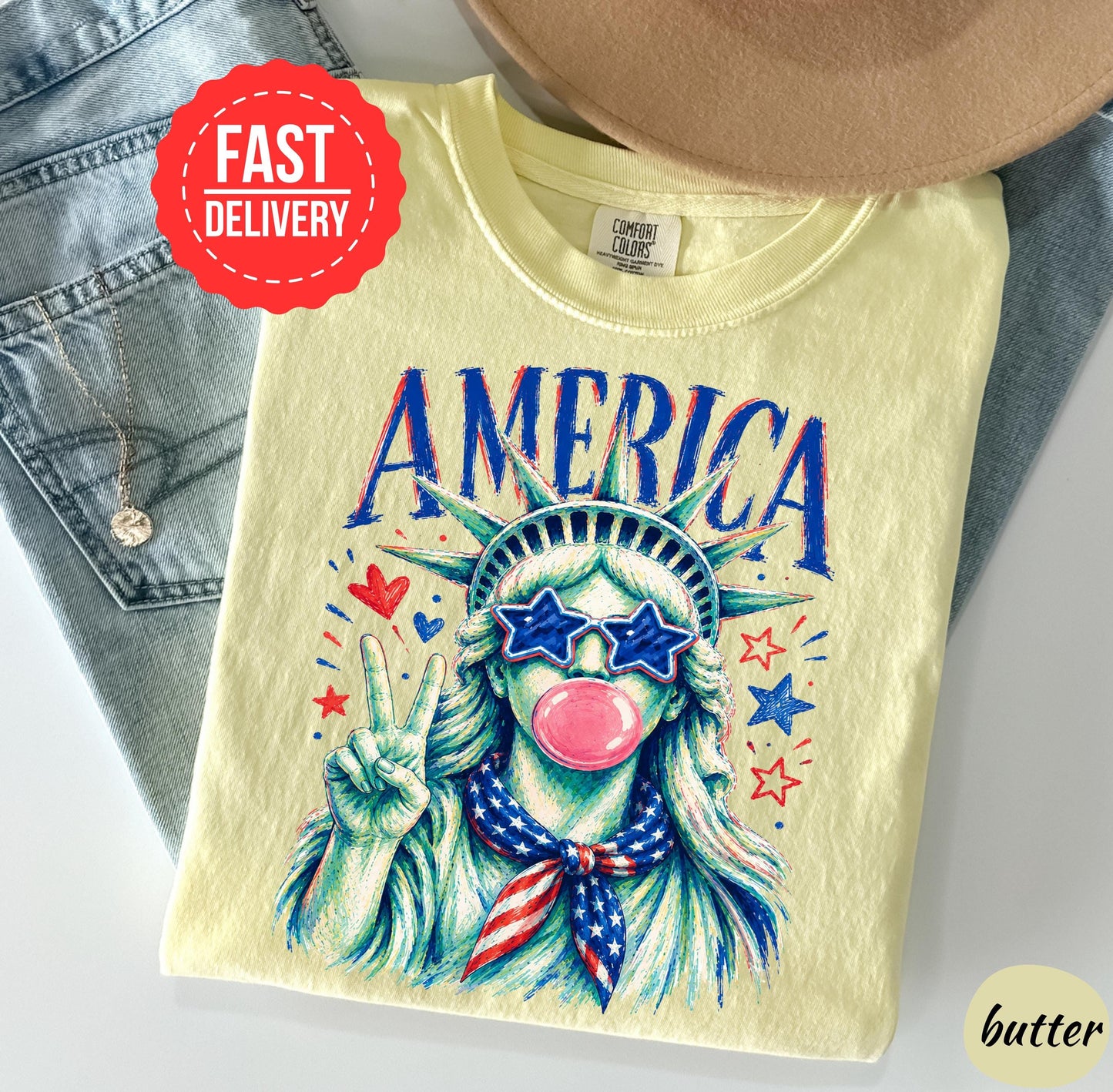 Comfort Colors Preppy Statue of Liberty Blowing Bubble Gum Shirt, 4th of July Shirts