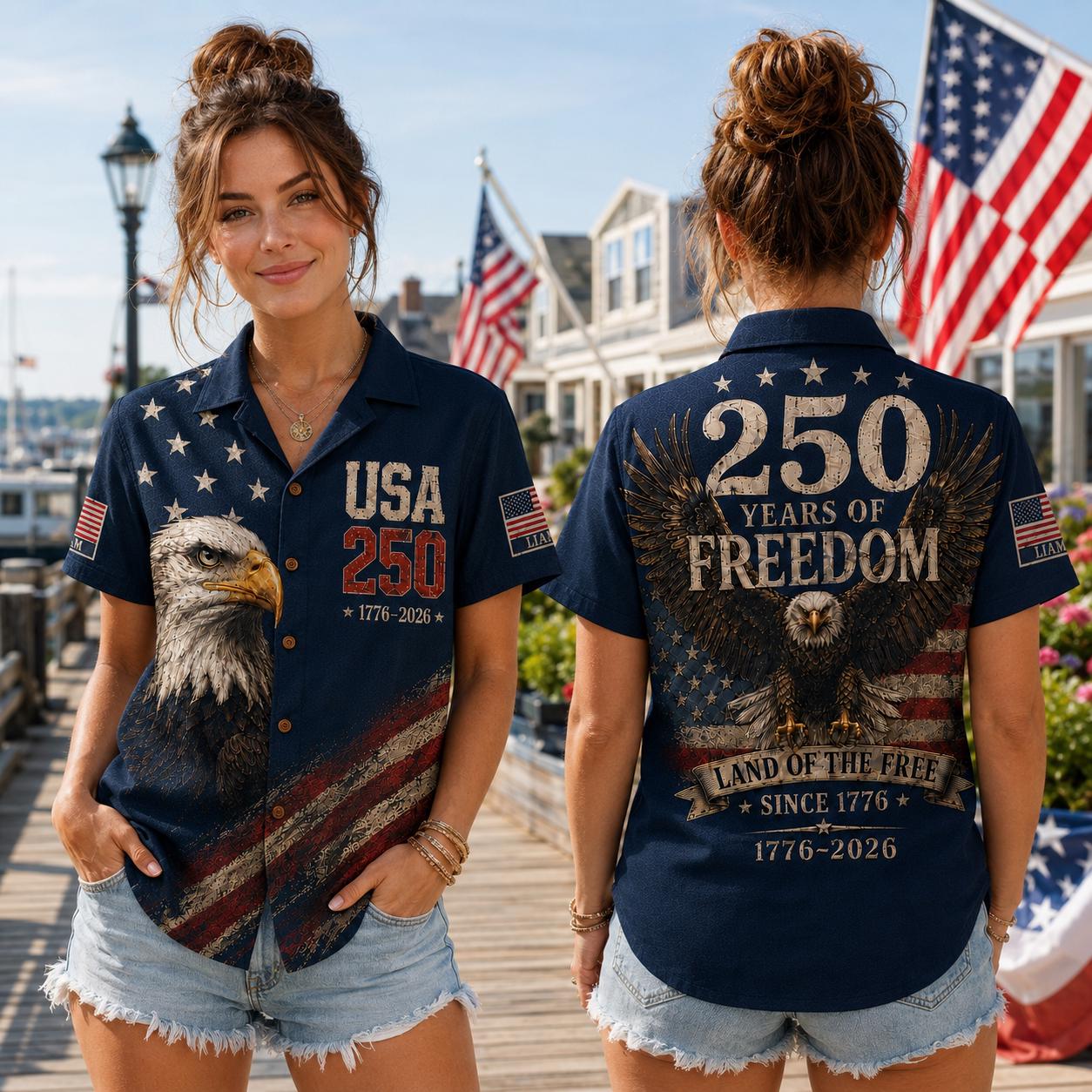 Personalized America 250 Hawaiian Shirt, 1776 2026 Patriotic Eagle Button Down 250 Years of Freedom Aloha Shirt