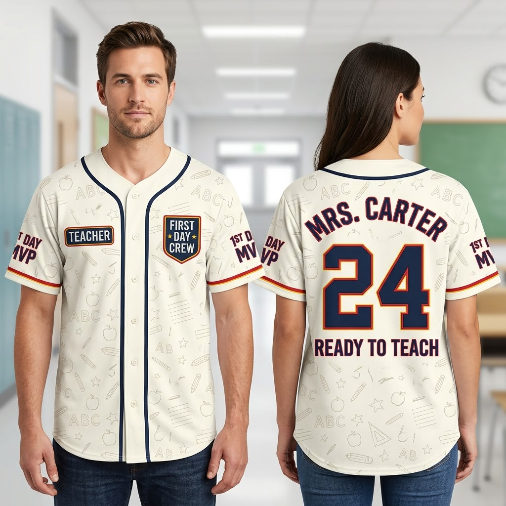 Lifestyle front and back personalized teacher baseball jersey mockup