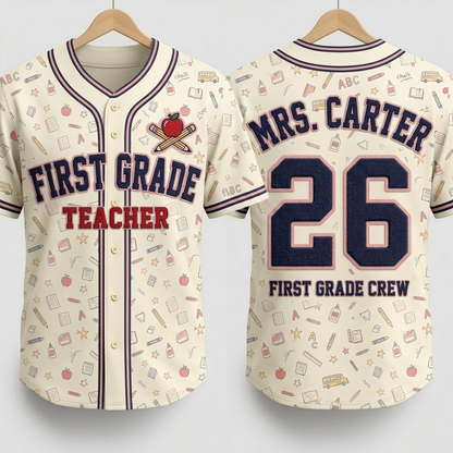 First grade teacher baseball jersey front and back hanger mockup