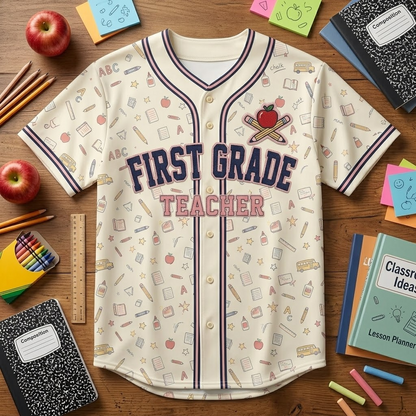 First grade teacher baseball jersey front flat lay mockup