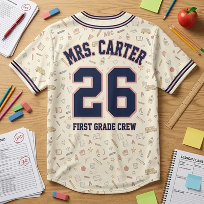 First grade teacher baseball jersey back flat lay mockup