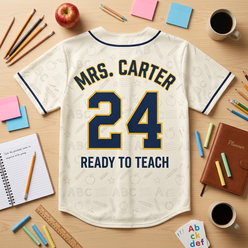 Back flat lay custom name number teacher baseball jersey mockup