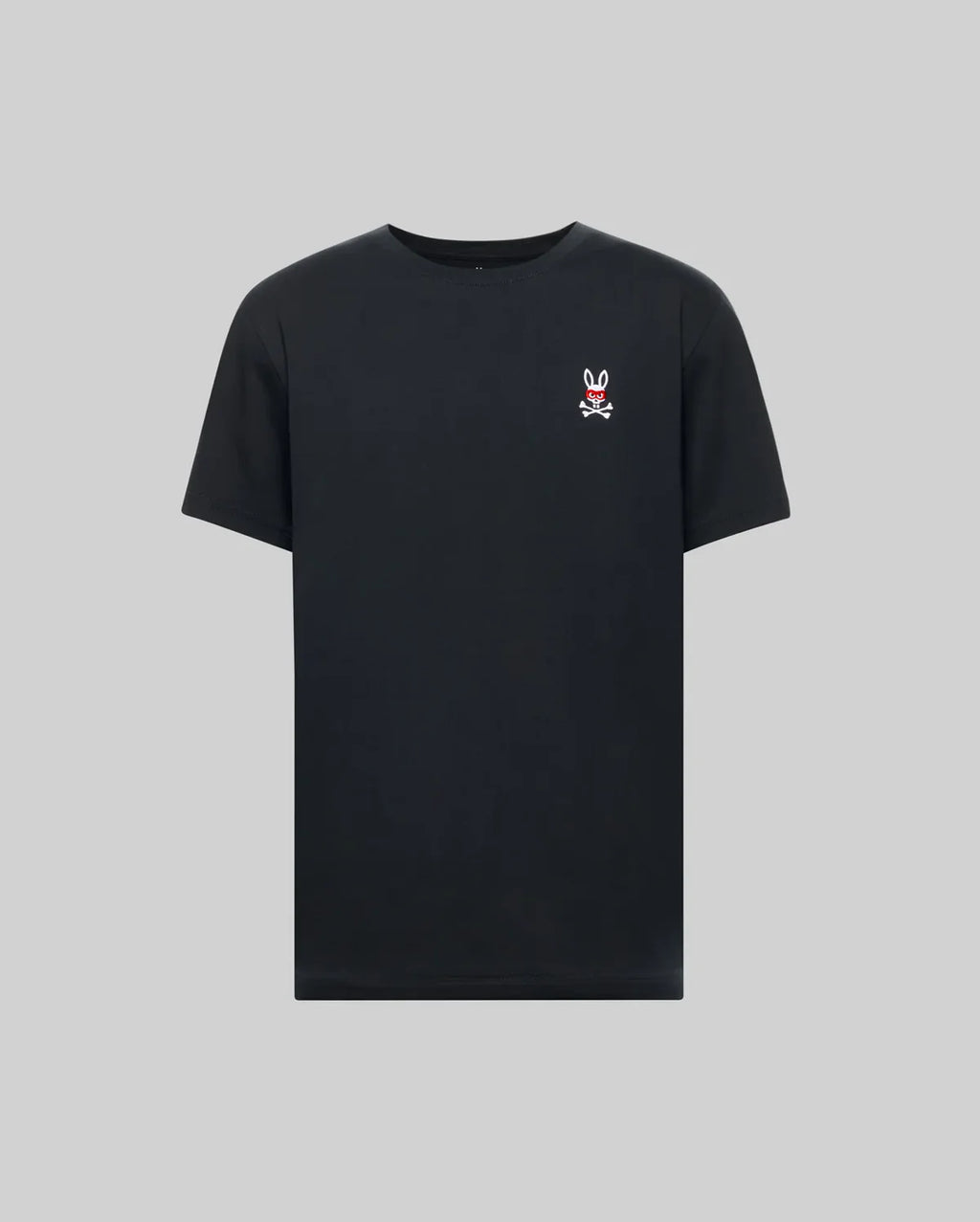 Black t-shirt with a small logo on a gray background