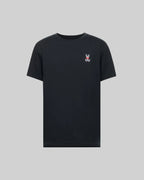 Black t-shirt with a small logo on a gray background