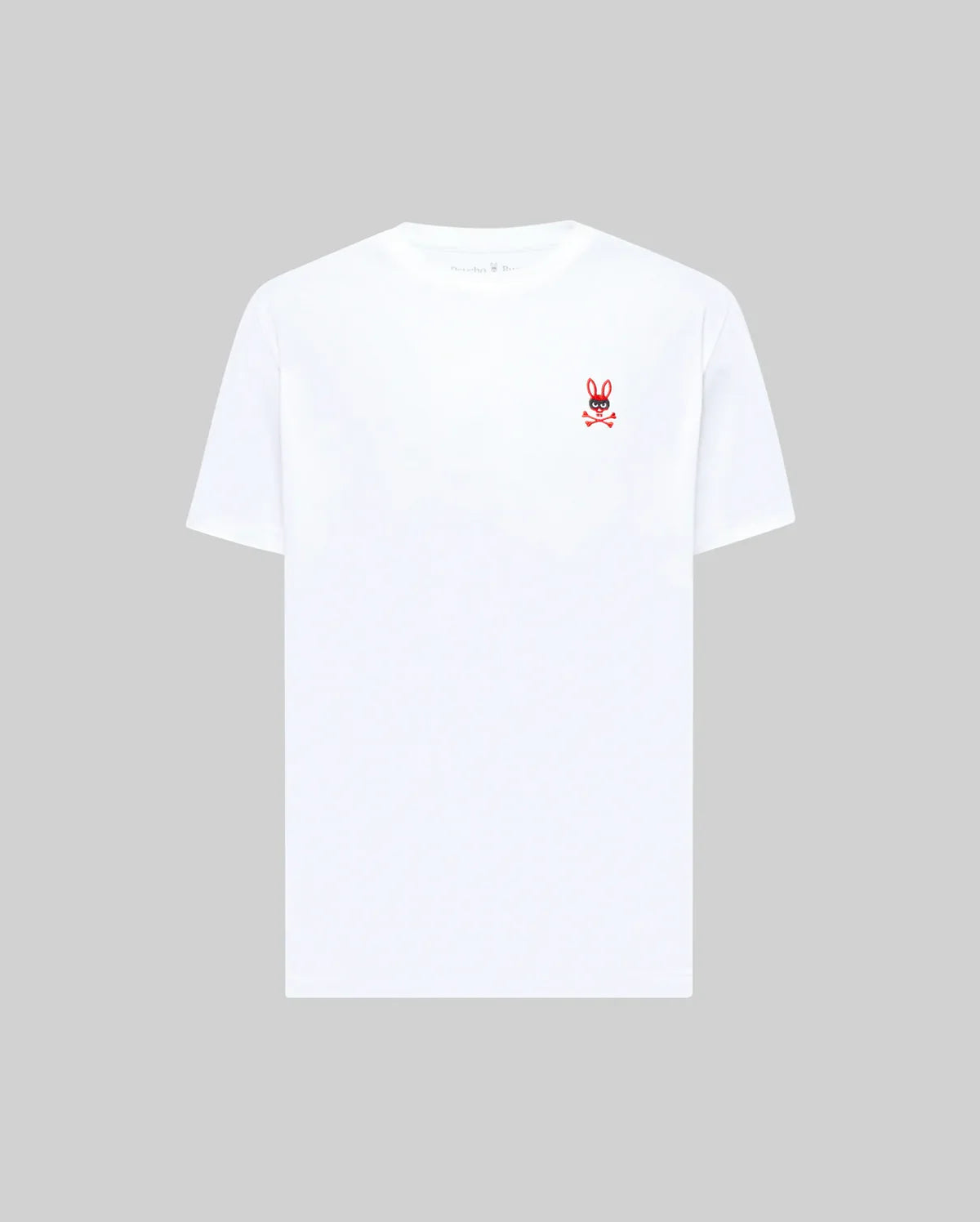 White t-shirt with a small red and black graphic on a gray background