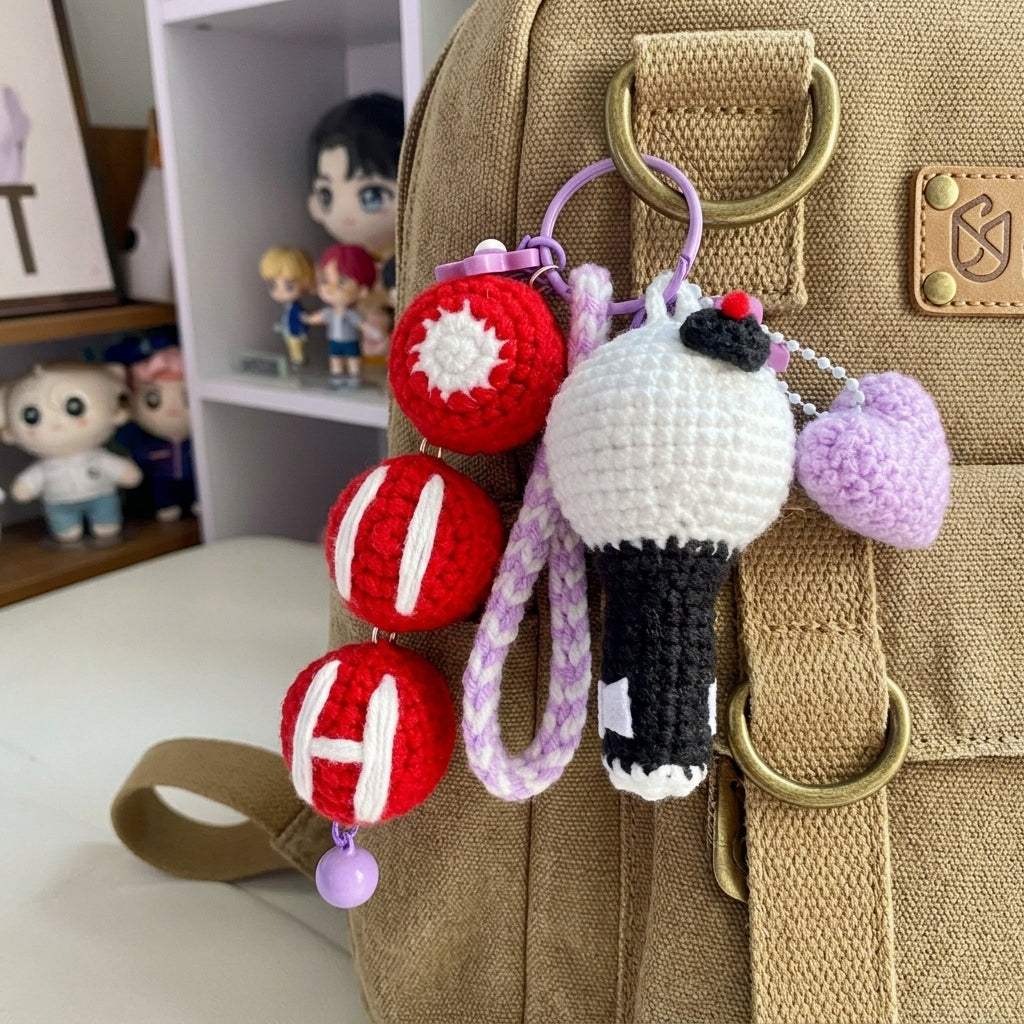 Handmade Crochet Kpop Lightstick Keychain, Cute Yarn Bag, Backpack Charm, Idol Fan Gift, Yarn Keychain Set