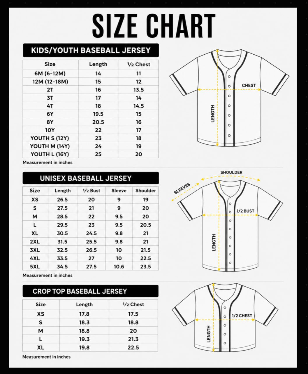 Baseball jersey size chart