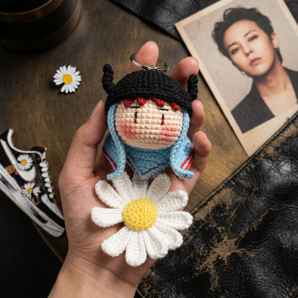 Handmade Crochet Boy Doll Keychain, Cute Knitted Figure Bag Charm, Boy in Suit Plushie with Daisy Flower, Kawaii Backpack Accessory