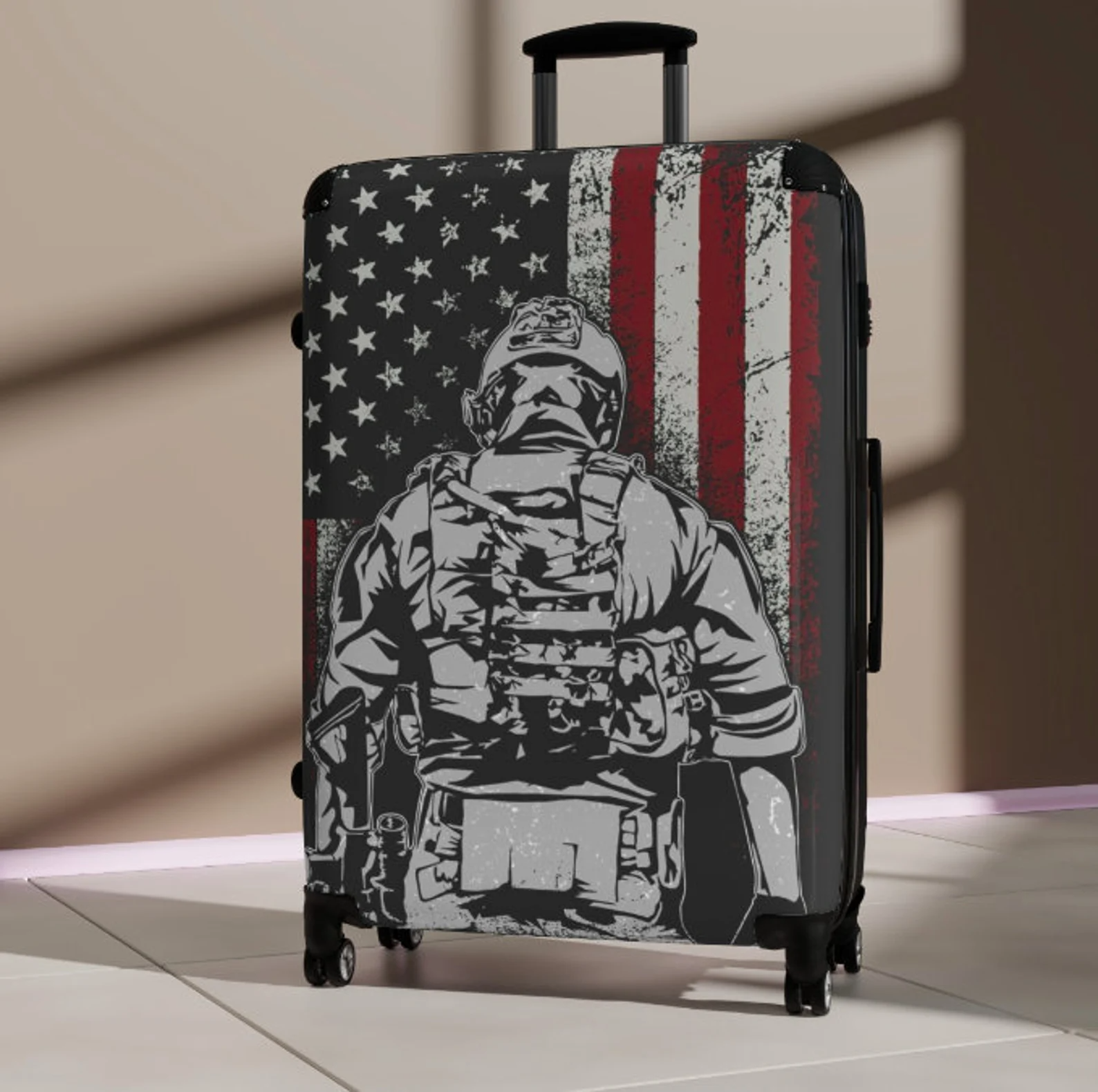 Proud Veteran Travel Suitcase with American Flag Background, Military Travel Bag, Carry On for Veterans, Proud American Suitcase