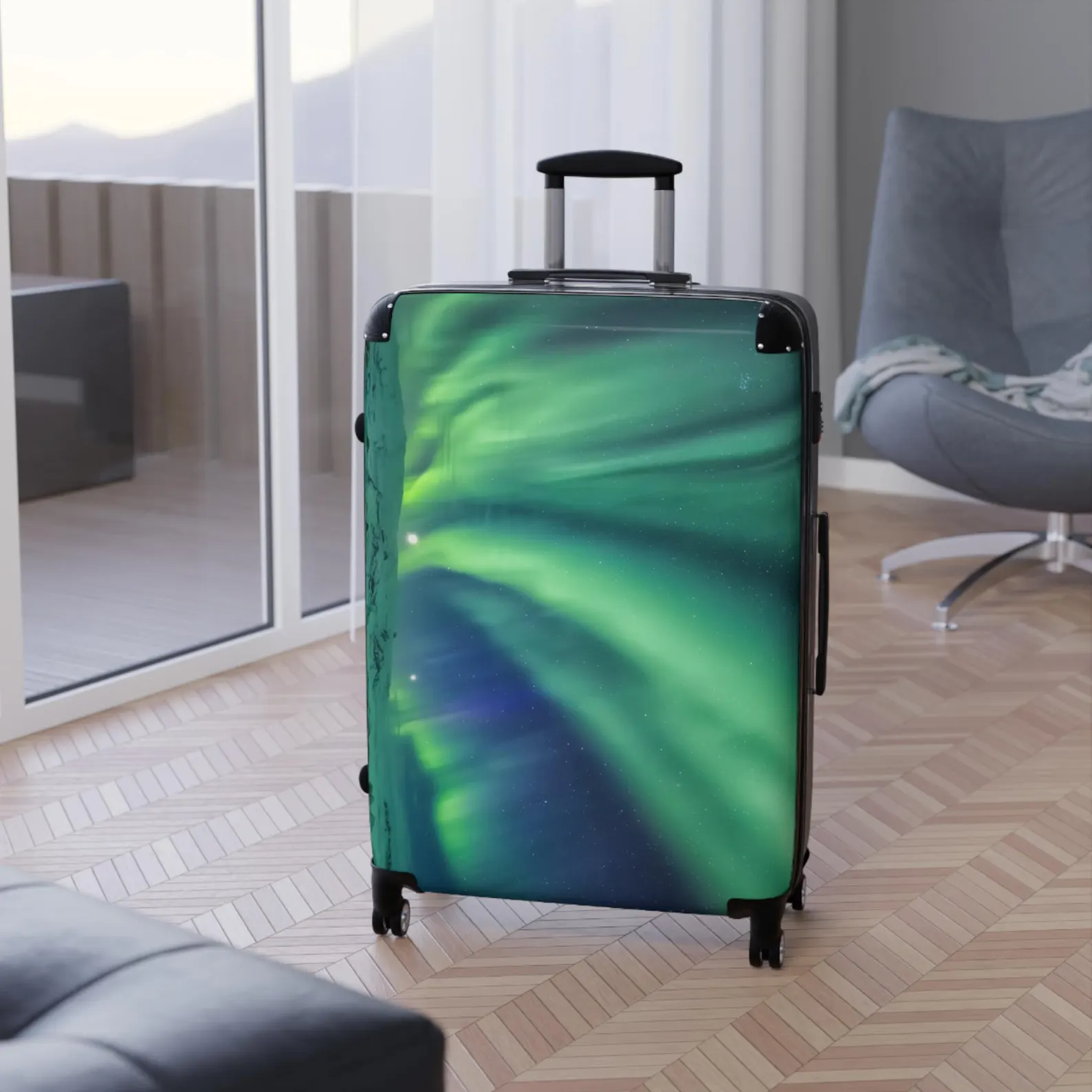 Aurora Borealis Suitcase, Night Sky Sea Themed Travel Luggage, Adjustable Handle