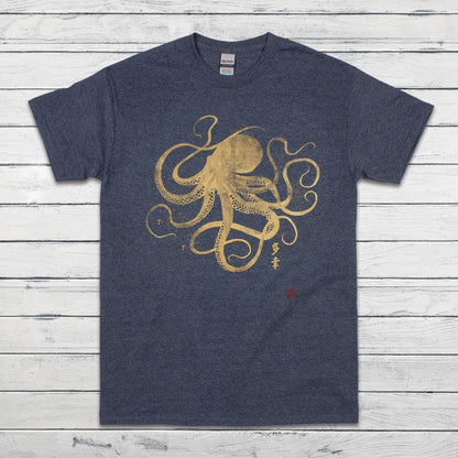 Octopus Japanese Calligraphy T Shirt Gyotaku Traditional Art Japan Anime Manga Gold Print Yoga Martial Arts Samurai Mens Womens Printed Tee