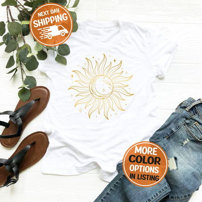 Mystic Sun And Moon Shirt, Celestial Moon Shirt, Boho Sun Shirt, Aesthetic Yoga Shirt, Cute Meditation Shirt, Graphic Moon And Sun Shirt