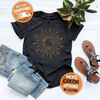 Mystic Sun And Moon Shirt, Celestial Moon Shirt, Boho Sun Shirt, Aesthetic Yoga Shirt, Cute Meditation Shirt, Graphic Moon And Sun Shirt