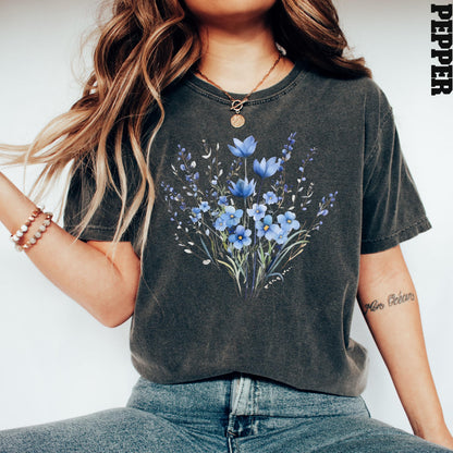 Comfort Colors® Blue Flower Bouquet Shirt, Flower Lover Shirt, Retro Floral Shirt, Flower Shirt, Plant Ladies Shirt, Gift for Nature Lover