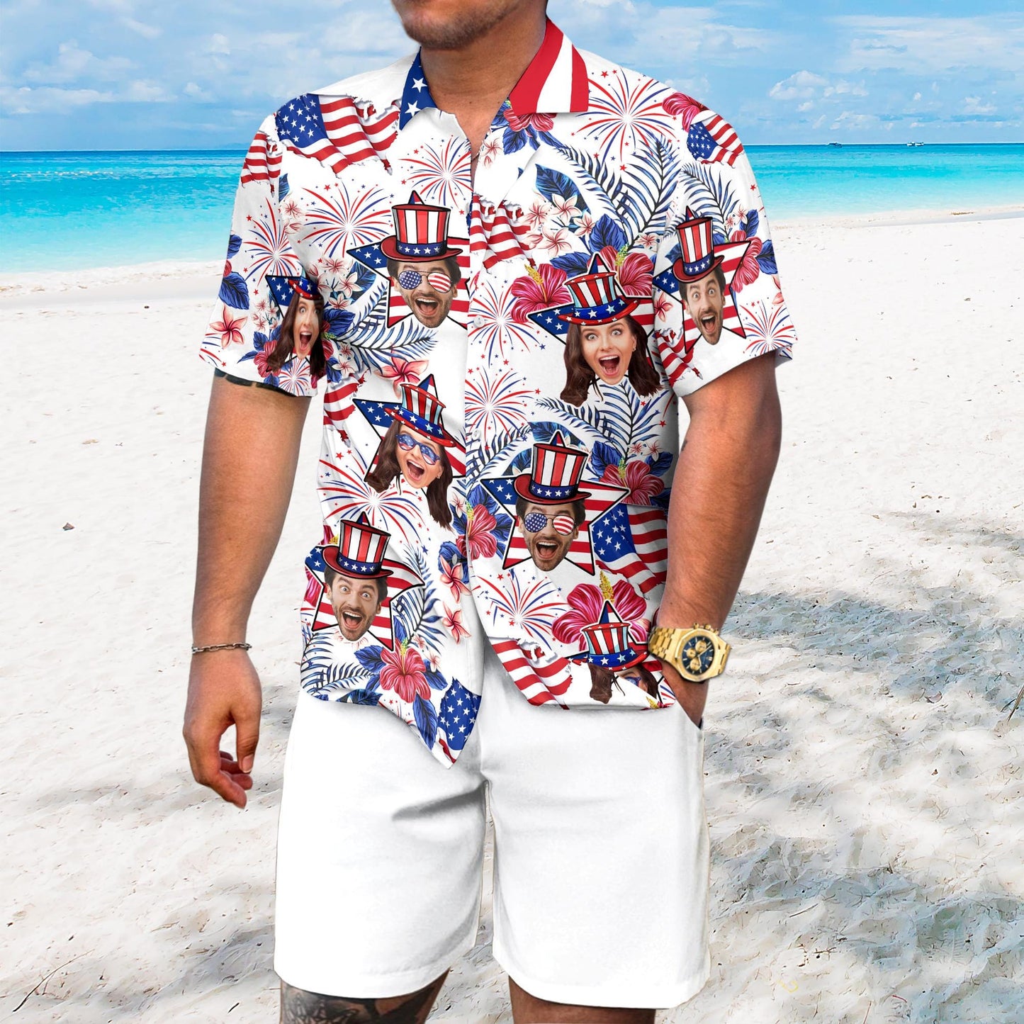 Custom Face American Hawaiian Shirt, Funny Photo Independence Day Shirt, America Aloha Shirt, 4th of July Gift Patriotic, 250th Anniversary