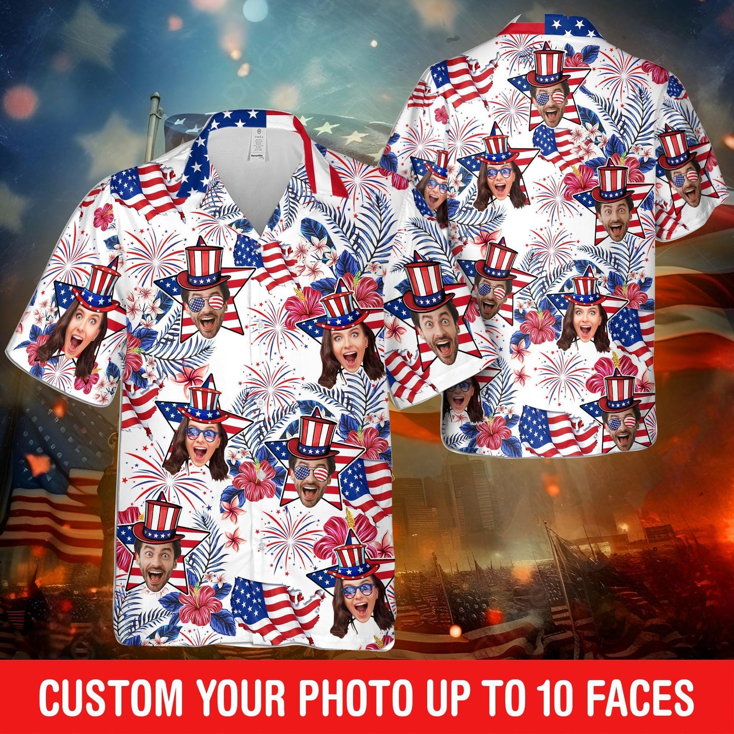 Custom Face American Hawaiian Shirt, Funny Photo Independence Day Shirt, America Aloha Shirt, 4th of July Gift Patriotic, 250th Anniversary