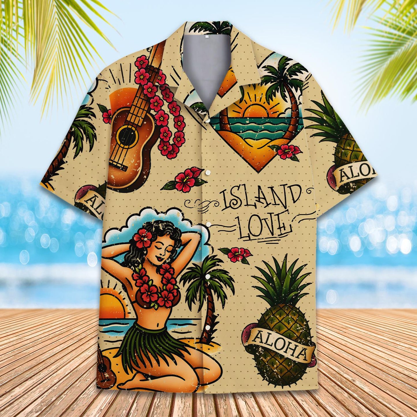 Island Love Hawaiian Shirt Men Women Youth, Vintage Aloha Short Sleeve Button-Down with Tropical Guitar & Hula Girl, Summer Beach Shirt