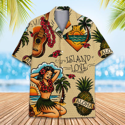 Island Love Hawaiian Shirt Men Women Youth, Vintage Aloha Short Sleeve Button-Down with Tropical Guitar & Hula Girl, Summer Beach Shirt