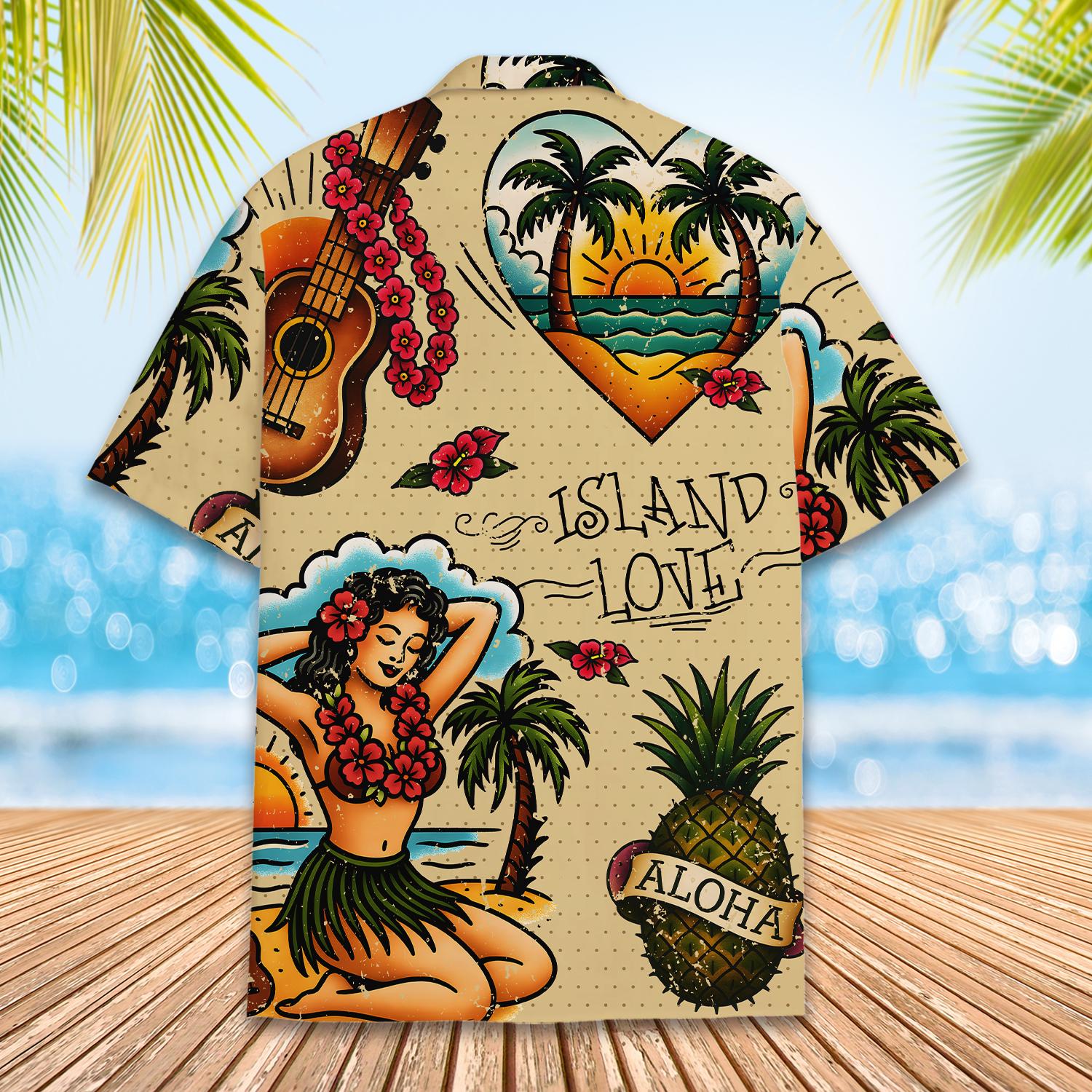 Island Love Hawaiian Shirt Men Women Youth, Vintage Aloha Short Sleeve Button-Down with Tropical Guitar & Hula Girl, Summer Beach Shirt