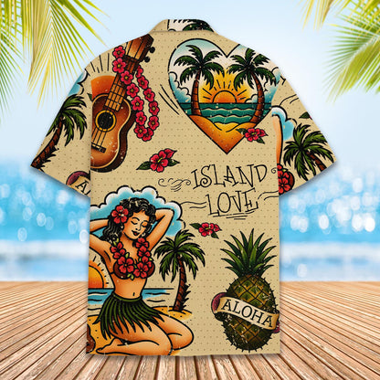 Island Love Hawaiian Shirt Men Women Youth, Vintage Aloha Short Sleeve Button-Down with Tropical Guitar & Hula Girl, Summer Beach Shirt