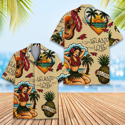 Island Love Hawaiian Shirt Men Women Youth, Vintage Aloha Short Sleeve Button-Down with Tropical Guitar & Hula Girl, Summer Beach Shirt