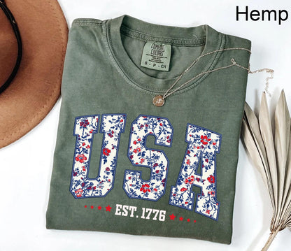 Comfort Colors Floral USA Shirt, American Girl Shirt, USA Est 1776 Shirt, Girly 4th of July Shirt, Patriotic Women Shirt, Flower USA Shirt