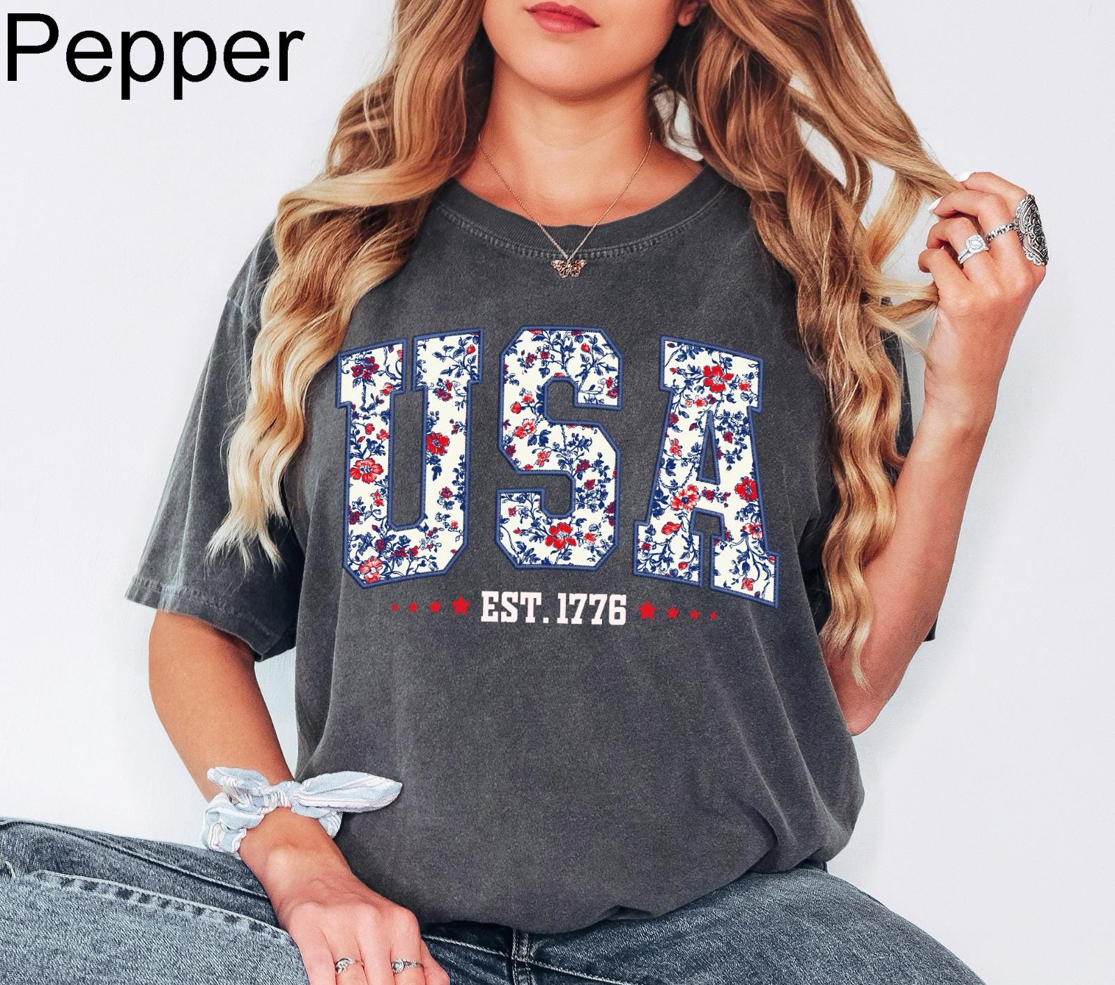Comfort Colors Floral USA Shirt, American Girl Shirt, USA Est 1776 Shirt, Girly 4th of July Shirt, Patriotic Women Shirt, Flower USA Shirt