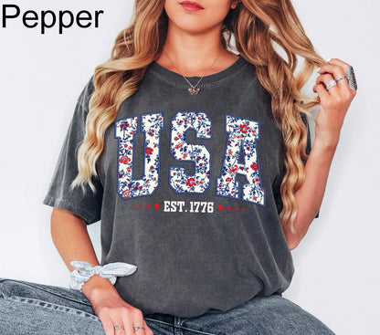 Comfort Colors Floral USA Shirt, American Girl Shirt, USA Est 1776 Shirt, Girly 4th of July Shirt, Patriotic Women Shirt, Flower USA Shirt