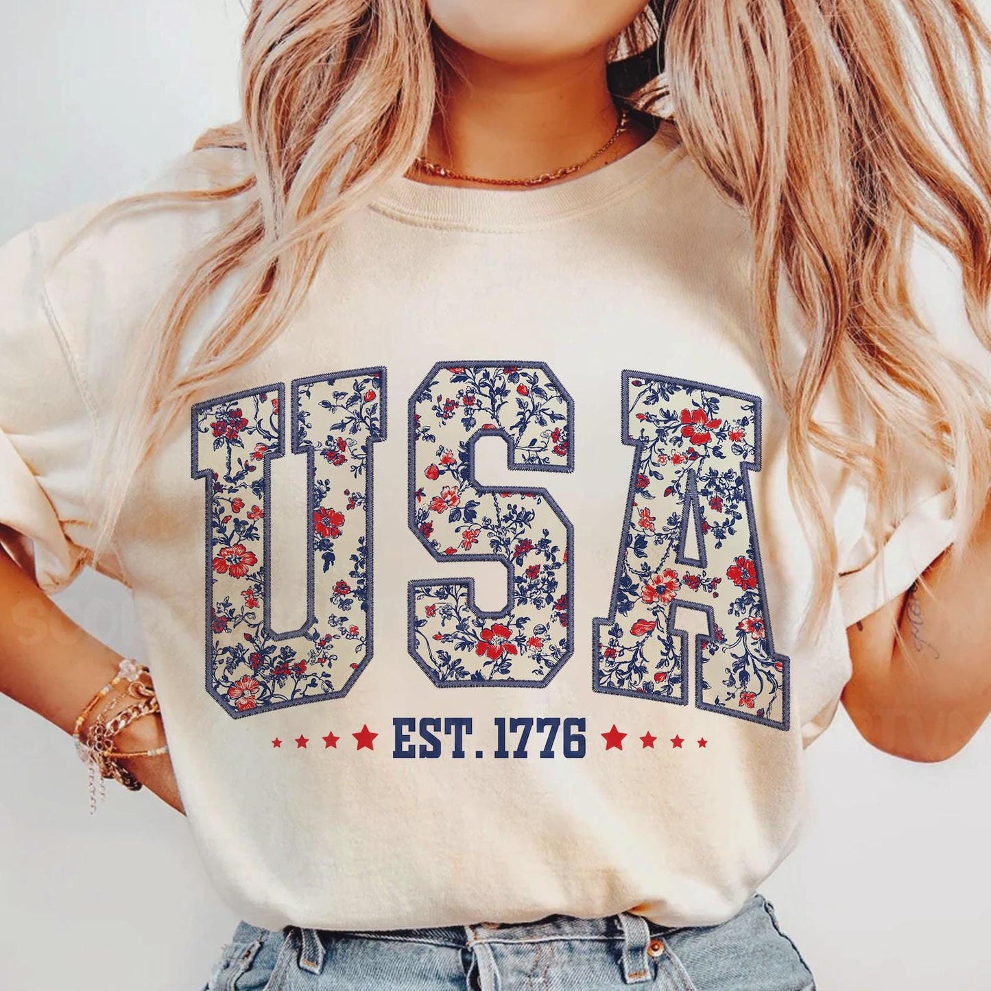 Comfort Colors Floral USA Shirt, American Girl Shirt, USA Est 1776 Shirt, Girly 4th of July Shirt, Patriotic Women Shirt, Flower USA Shirt