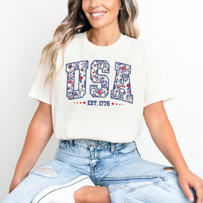 Floral USA Est 1776 shirt, Floral USA, 4th of July shirt, Independence Day, Memorial Day shirt, Patriotic Women shirt, Floral patriotic
