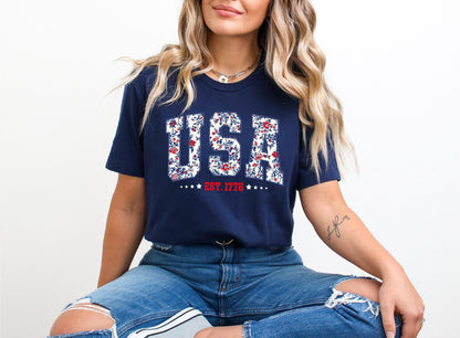 Floral USA Est 1776 shirt, Floral USA, 4th of July shirt, Independence Day, Memorial Day shirt, Patriotic Women shirt, Floral patriotic