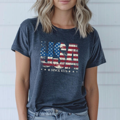 Distressed USA Since 1776 Tee: Retro American Flag Patriotic T-Shirt