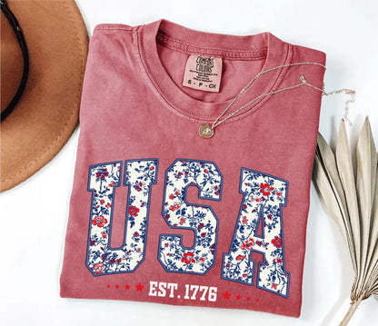 Comfort Colors Floral USA Shirt, American Girl Shirt, USA Est 1776 Shirt, Girly 4th of July Shirt, Patriotic Women Shirt, Flower USA Shirt