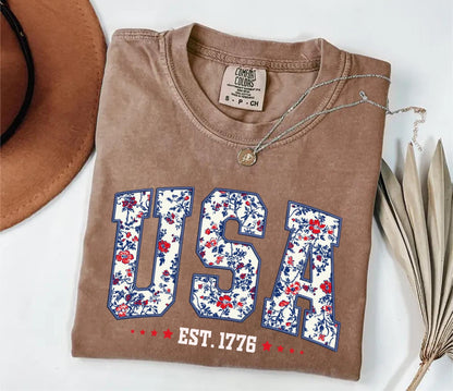 Comfort Colors Floral USA Shirt, American Girl Shirt, USA Est 1776 Shirt, Girly 4th of July Shirt, Patriotic Women Shirt, Flower USA Shirt