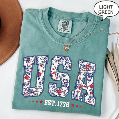 Comfort Colors Floral USA Shirt, American Girl Shirt, USA Est 1776 Shirt, Girly 4th of July Shirt, Patriotic Women Shirt, Flower USA Shirt