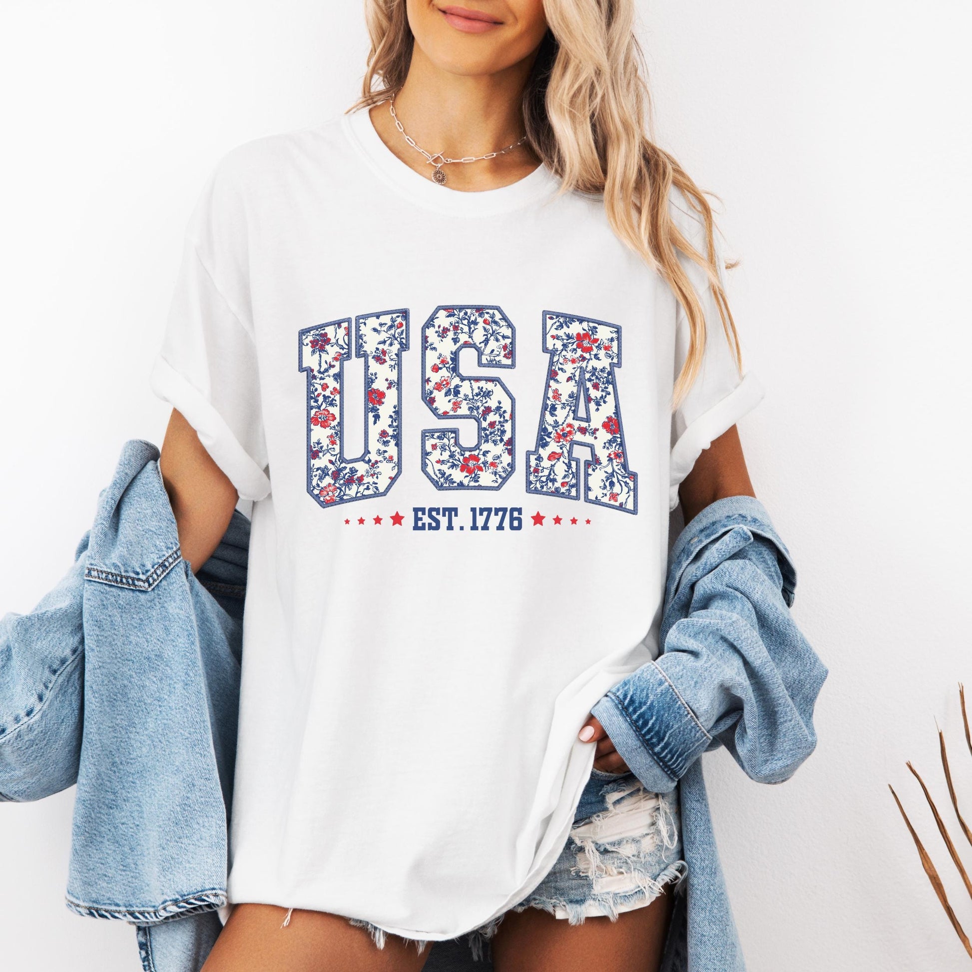 Comfort Colors USA Shirt, 4th of July shirt, floral USA tee, summer patriotic shirt for women, America est 1776 shirt, red white blue shirt