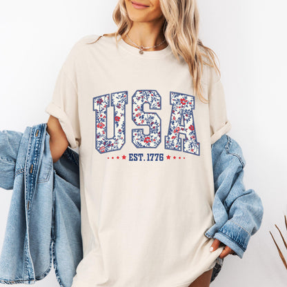 Comfort Colors USA Shirt, 4th of July shirt, floral USA tee, summer patriotic shirt for women, America est 1776 shirt, red white blue shirt