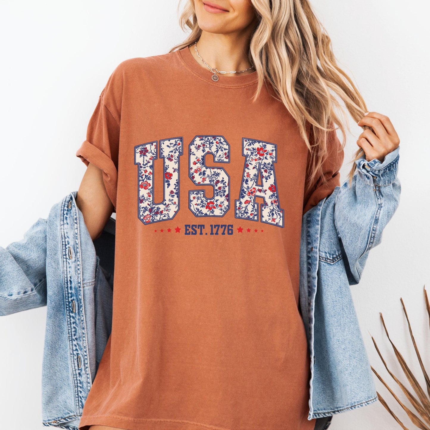 Comfort Colors USA Shirt, 4th of July shirt, floral USA tee, summer patriotic shirt for women, America est 1776 shirt, red white blue shirt