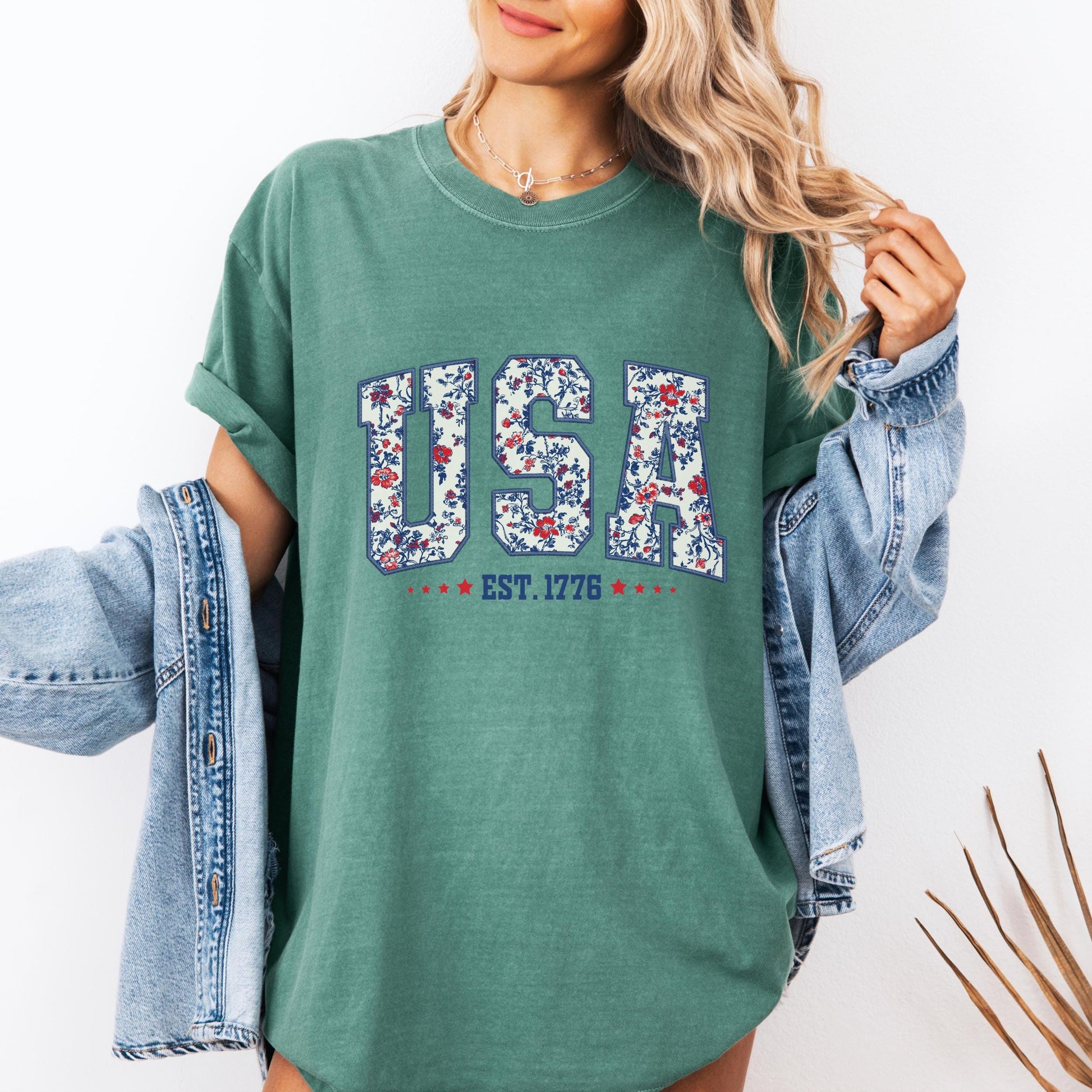 Comfort Colors USA Shirt, 4th of July shirt, floral USA tee, summer patriotic shirt for women, America est 1776 shirt, red white blue shirt