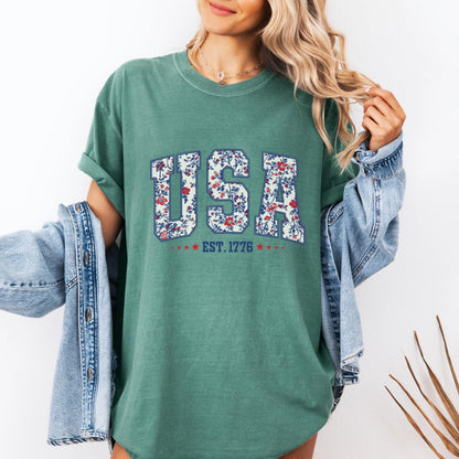 Comfort Colors USA Shirt, 4th of July shirt, floral USA tee, summer patriotic shirt for women, America est 1776 shirt, red white blue shirt