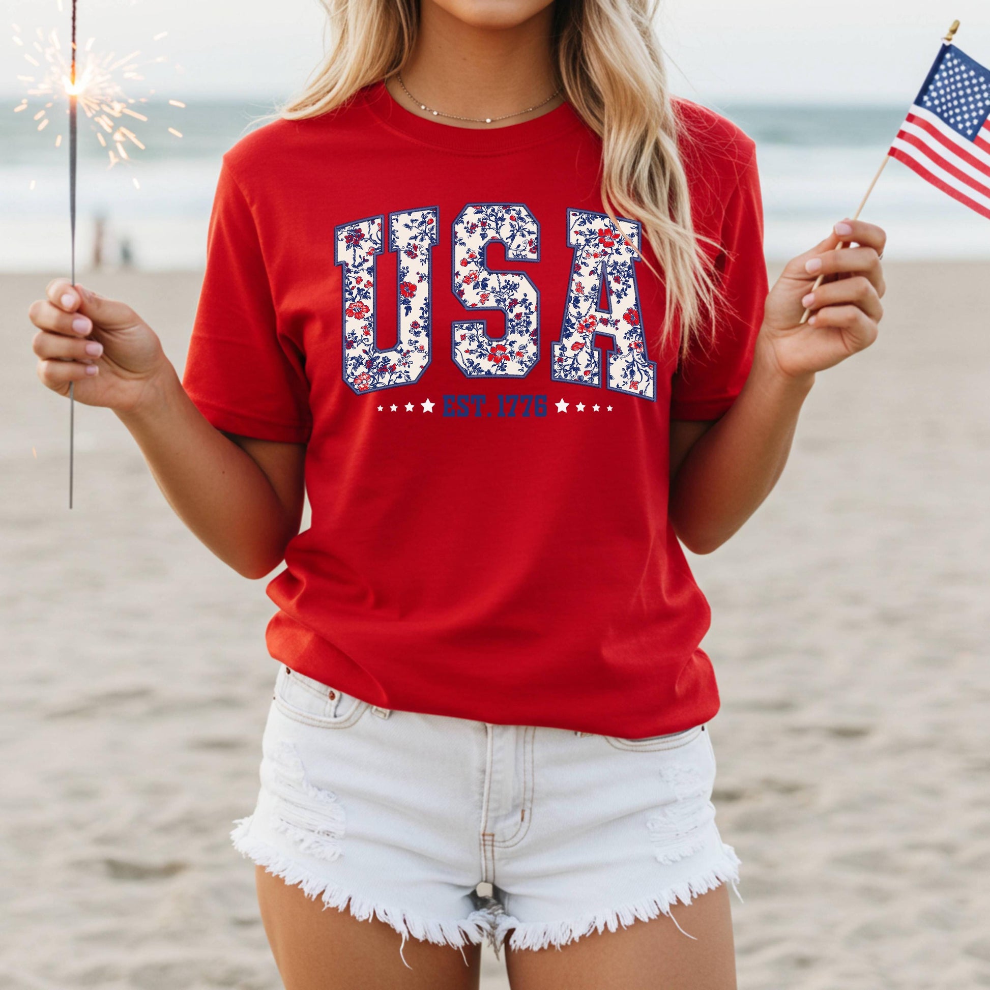 Floral USA Est 1776 shirt, Floral USA, 4th of July shirt, Independence Day, Memorial Day shirt, Patriotic Women shirt, Floral patriotic