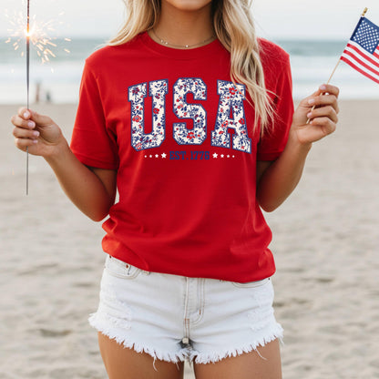 Floral USA Est 1776 shirt, Floral USA, 4th of July shirt, Independence Day, Memorial Day shirt, Patriotic Women shirt, Floral patriotic