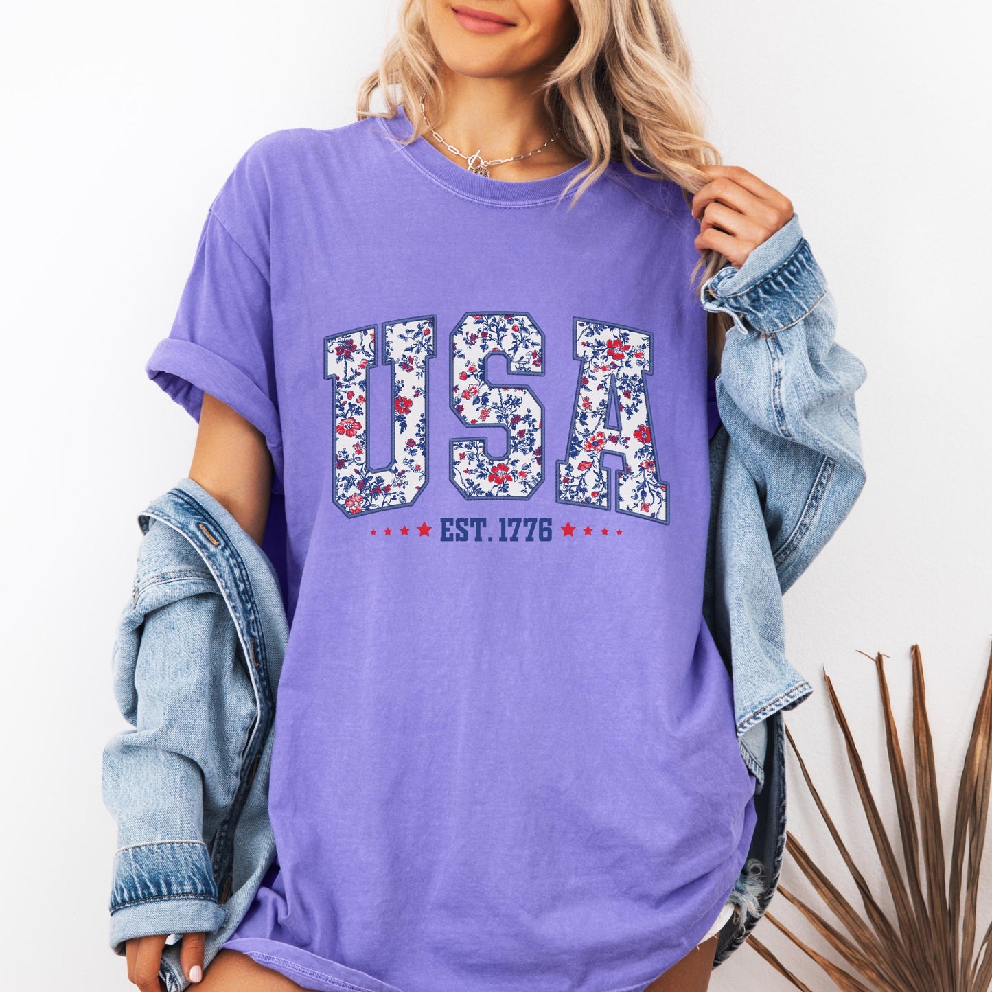 Comfort Colors USA Shirt, 4th of July shirt, floral USA tee, summer patriotic shirt for women, America est 1776 shirt, red white blue shirt