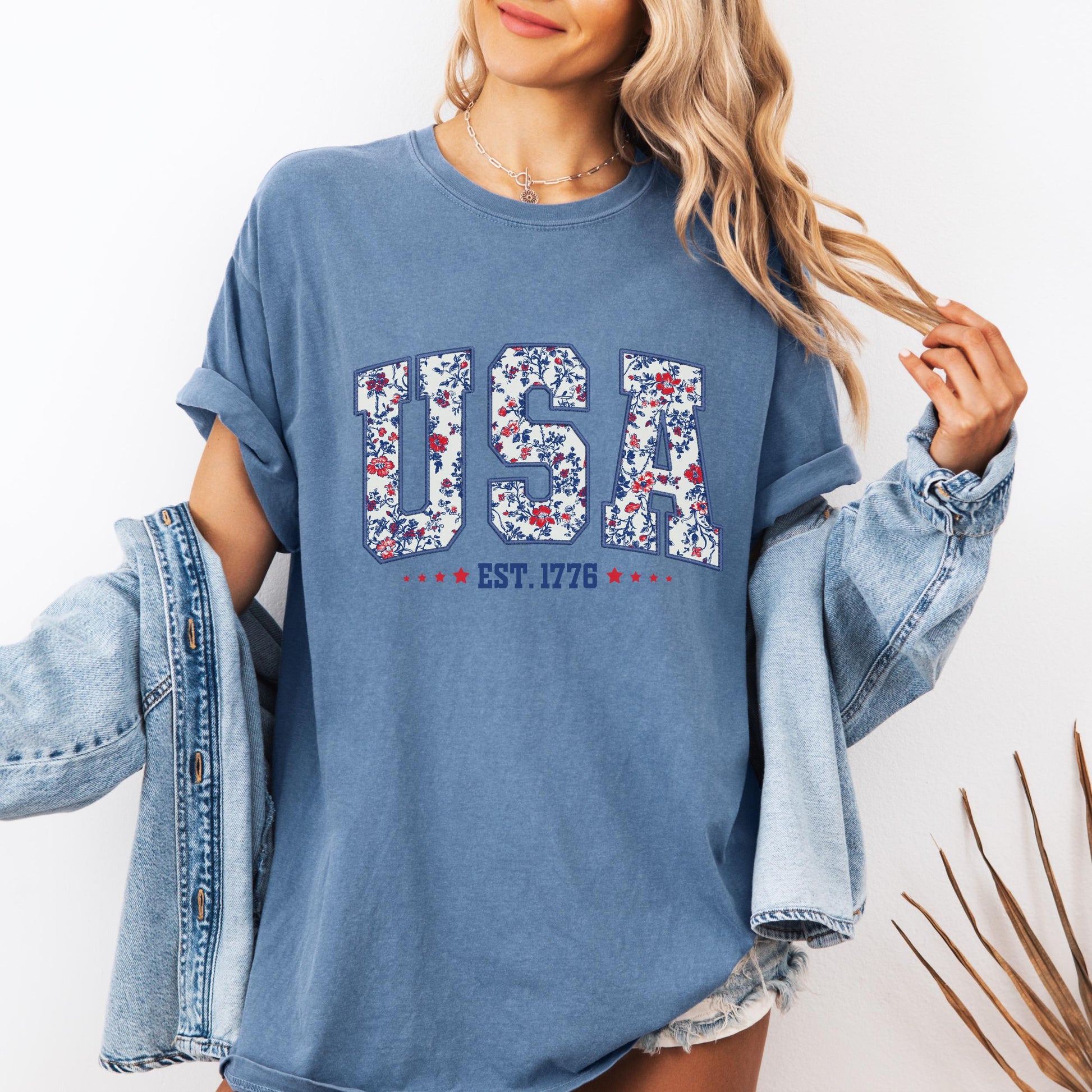 Comfort Colors USA Shirt, 4th of July shirt, floral USA tee, summer patriotic shirt for women, America est 1776 shirt, red white blue shirt
