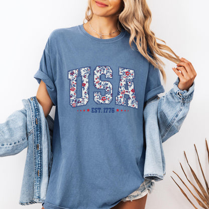 Comfort Colors USA Shirt, 4th of July shirt, floral USA tee, summer patriotic shirt for women, America est 1776 shirt, red white blue shirt