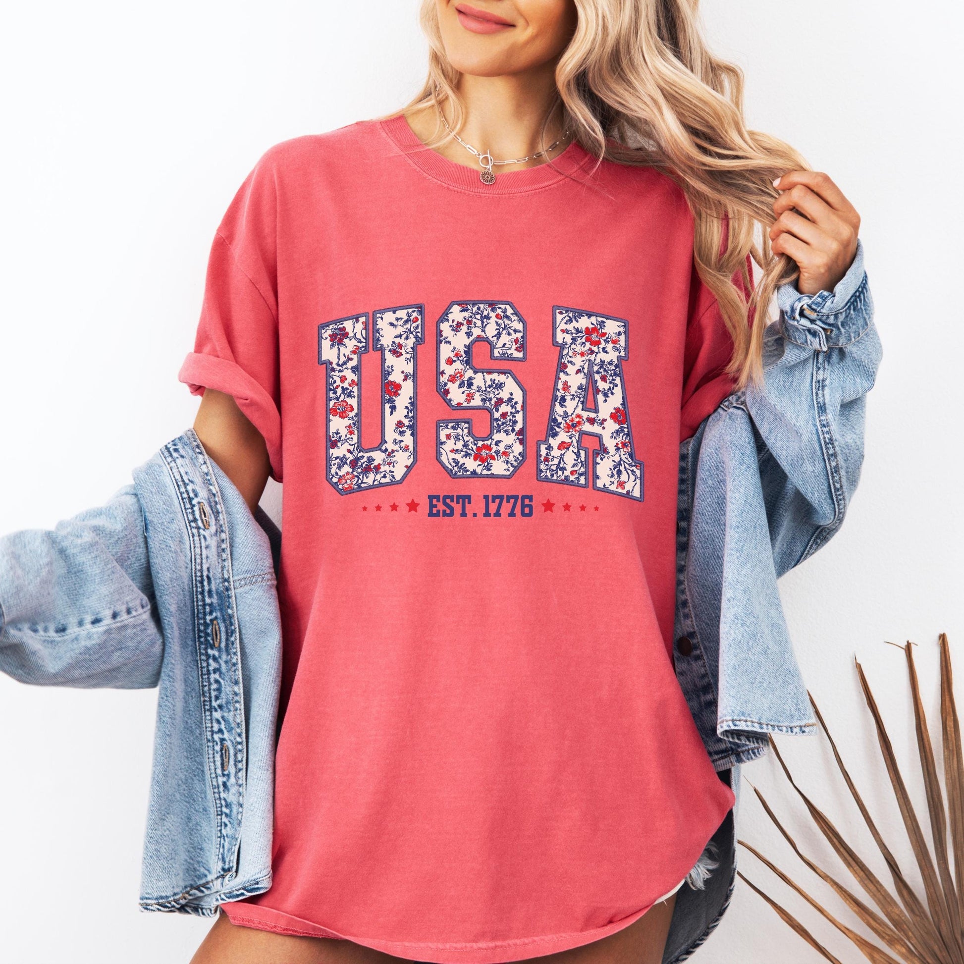 Comfort Colors USA Shirt, 4th of July shirt, floral USA tee, summer patriotic shirt for women, America est 1776 shirt, red white blue shirt