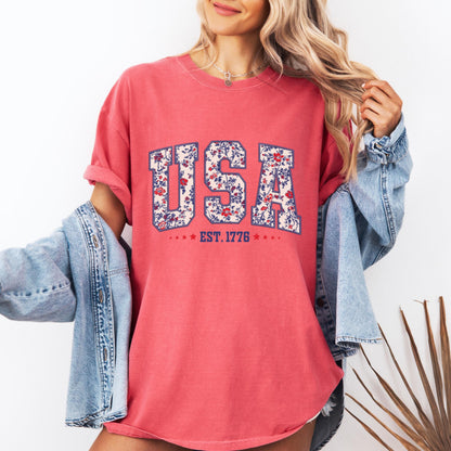 Comfort Colors USA Shirt, 4th of July shirt, floral USA tee, summer patriotic shirt for women, America est 1776 shirt, red white blue shirt